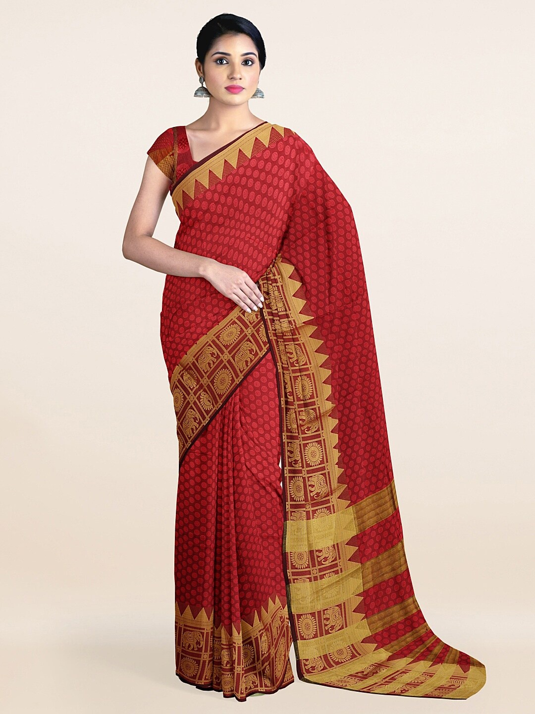 

Pothys Maroon & Gold-Toned Woven Design Zari Saree