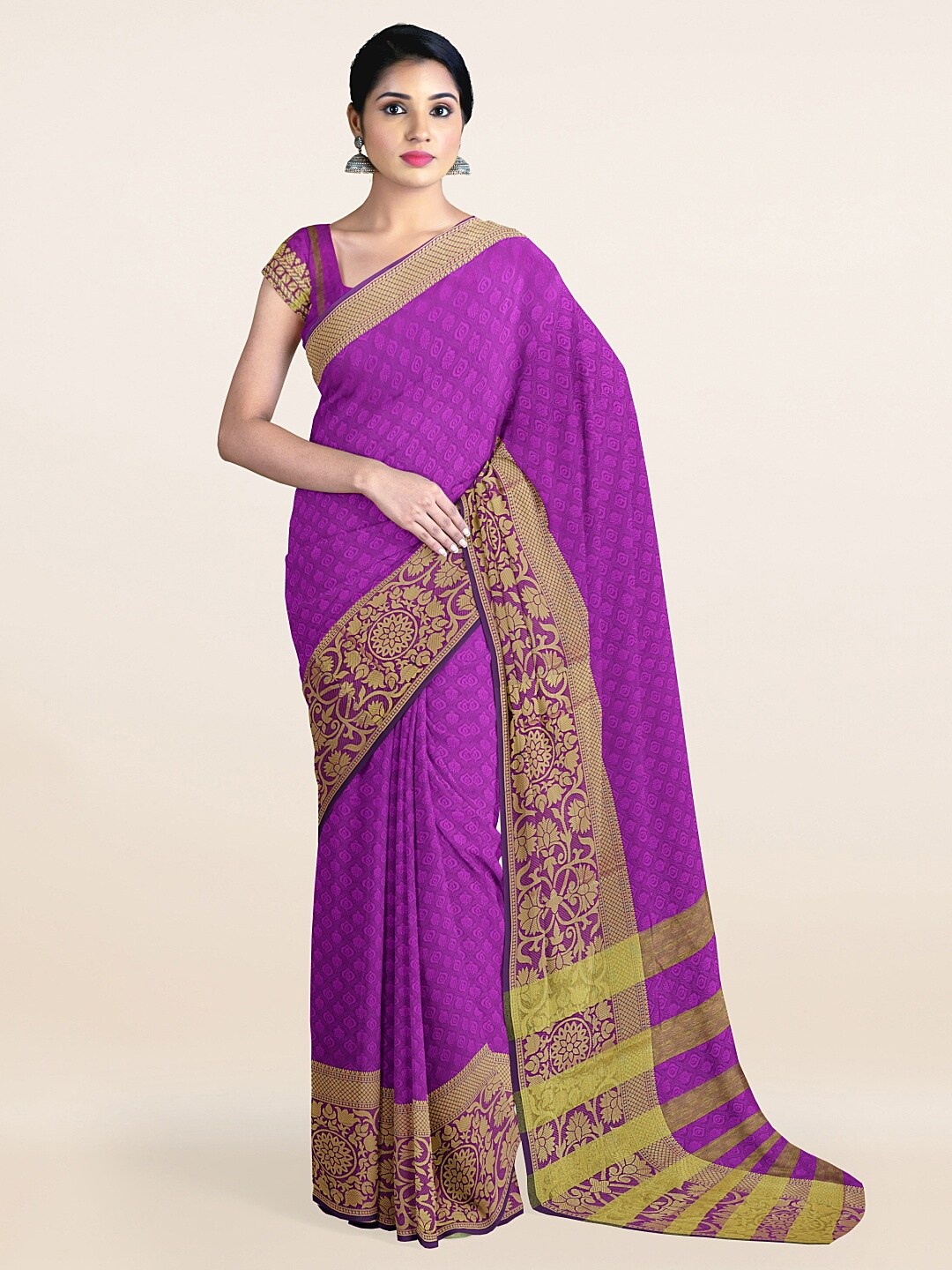 

Pothys Violet & Gold-Toned Ethnic Motifs Printed Zari Saree