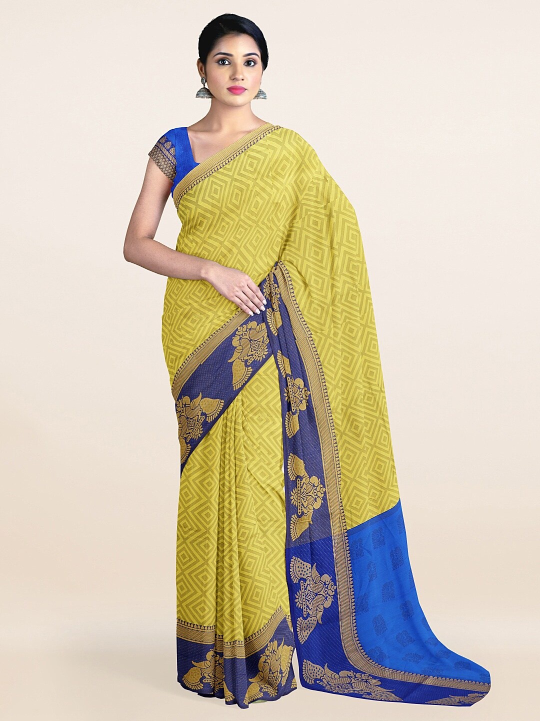 

Pothys Lime Green & Blue Ethnic Motifs Cotton Blend Zari Saree