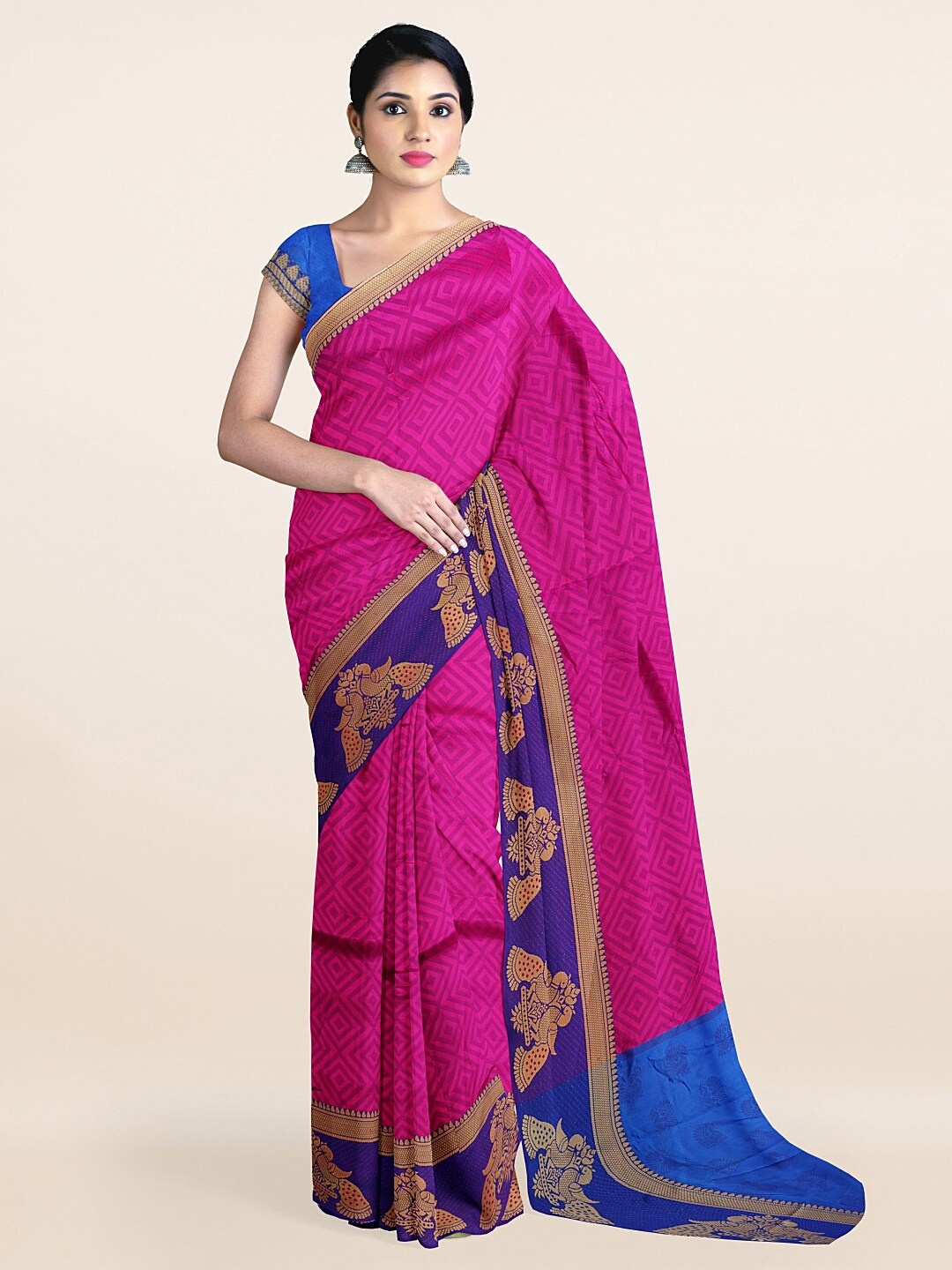 

Pothys Pink & Blue Ethnic Motifs Woven Design Saree