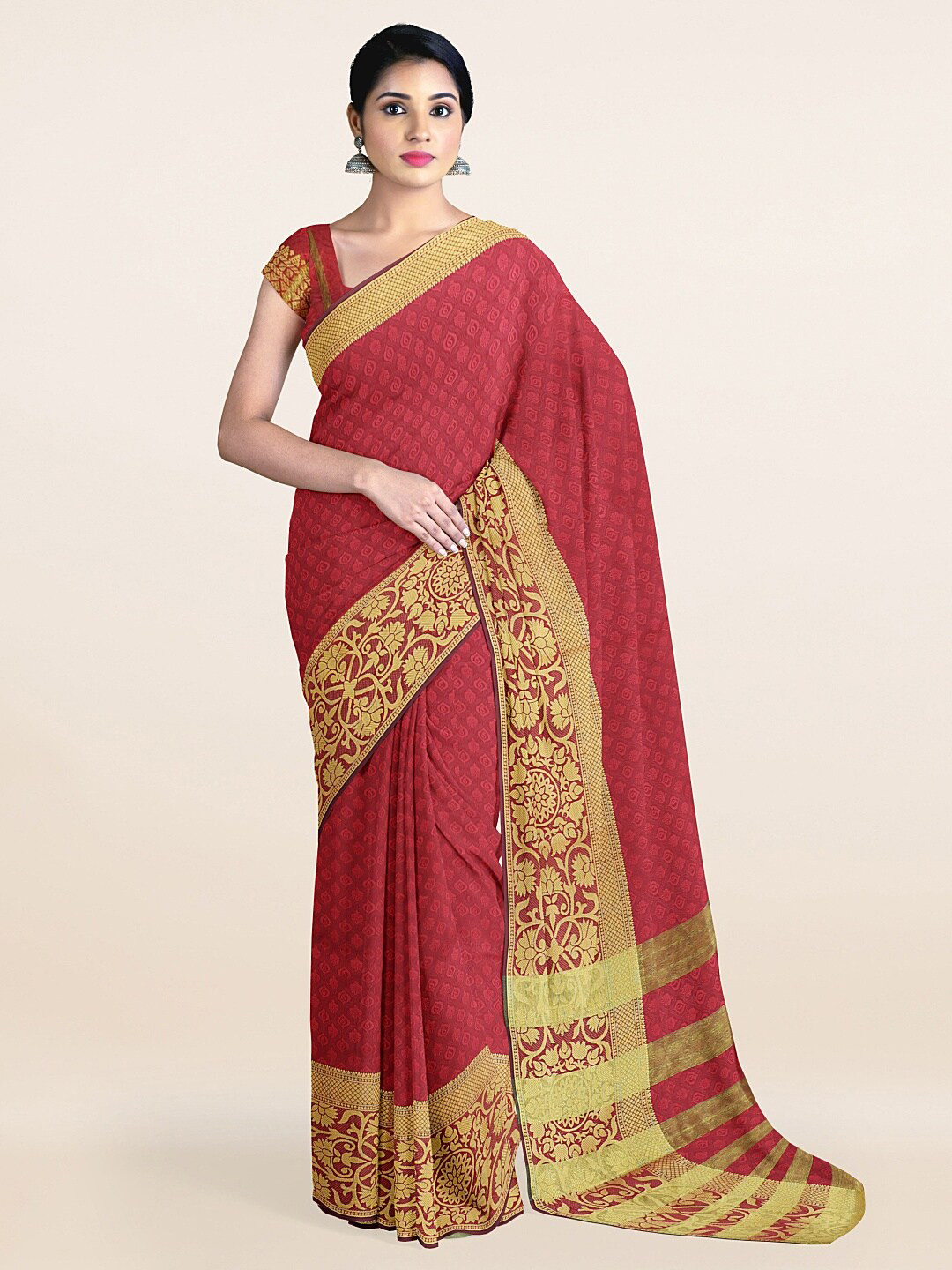 

Pothys Maroon & Gold-Toned Floral Saree
