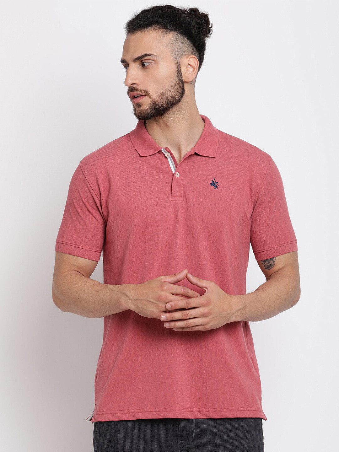 

Cantabil Men Pink Solid Cotton Polo Collar T-shirt