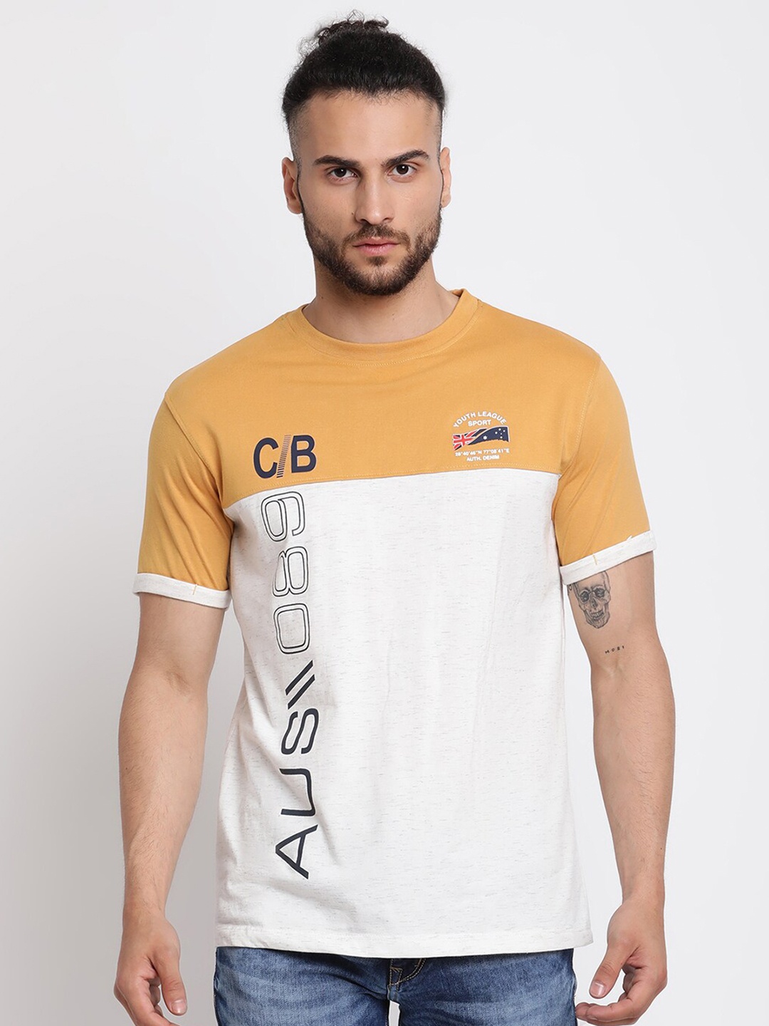 

Cantabil Men Mustard Yellow & White Typography Colourblocked T-shirt