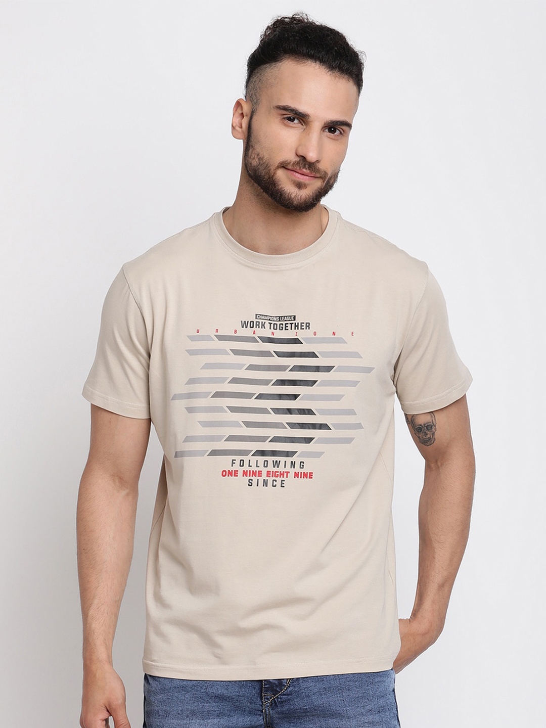 

Cantabil Men Beige Typography Printed Regular-Fit Pure Cotton T-shirt