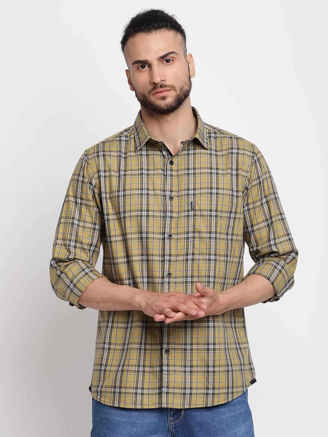

Cantabil Men Khaki Tartan Checks Checked Casual Shirt