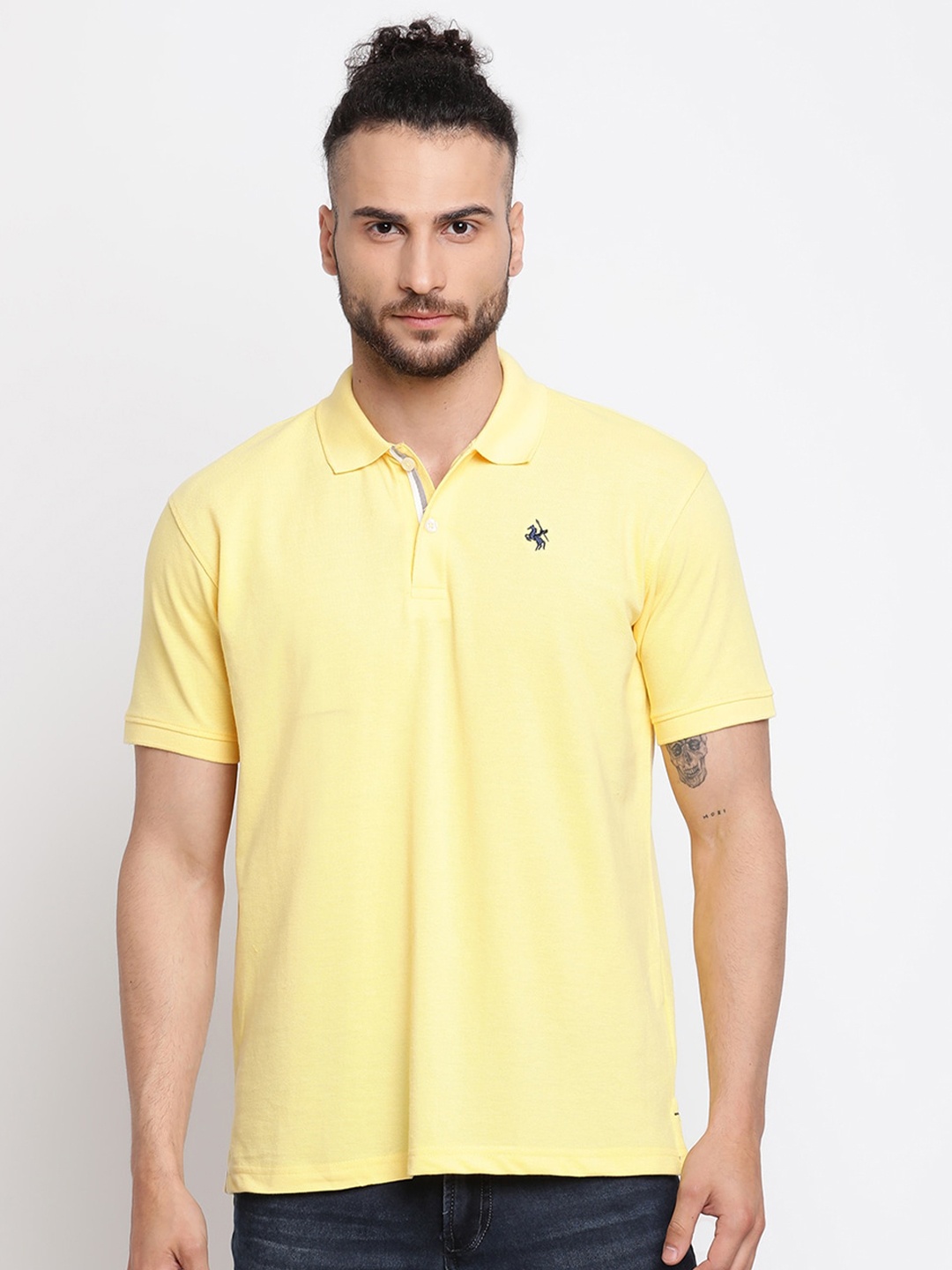 

Cantabil Men Yellow Polo Collar Applique Pure Cotton T-shirt