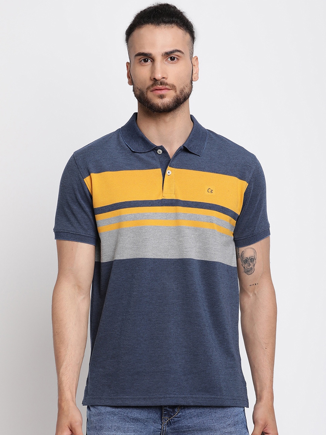 

Cantabil Men Blue Striped Polo Collar Regular-Fit Pure Cotton T-shirt
