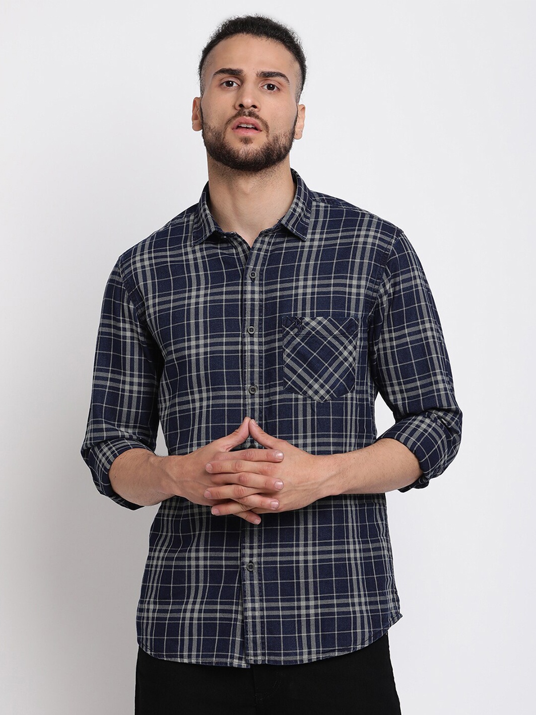 

Cantabil Men Navy Blue Regular Fit Checked Cotton Casual Shirt