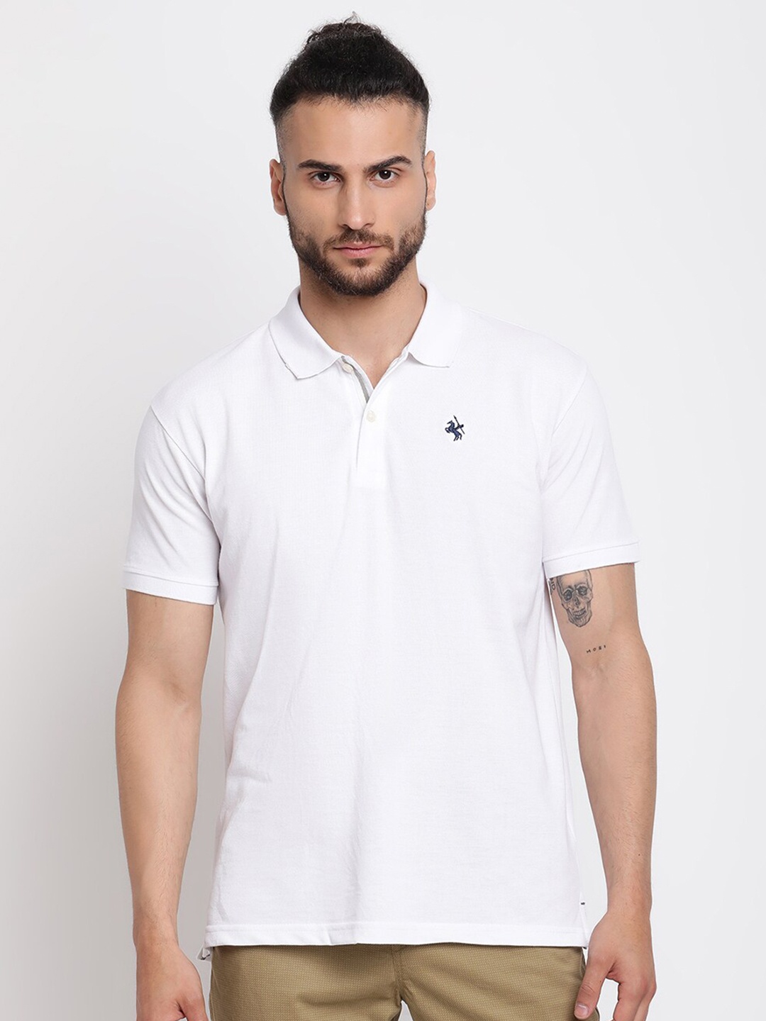 

Cantabil Men White Solid Cotton Polo Collar T-shirt