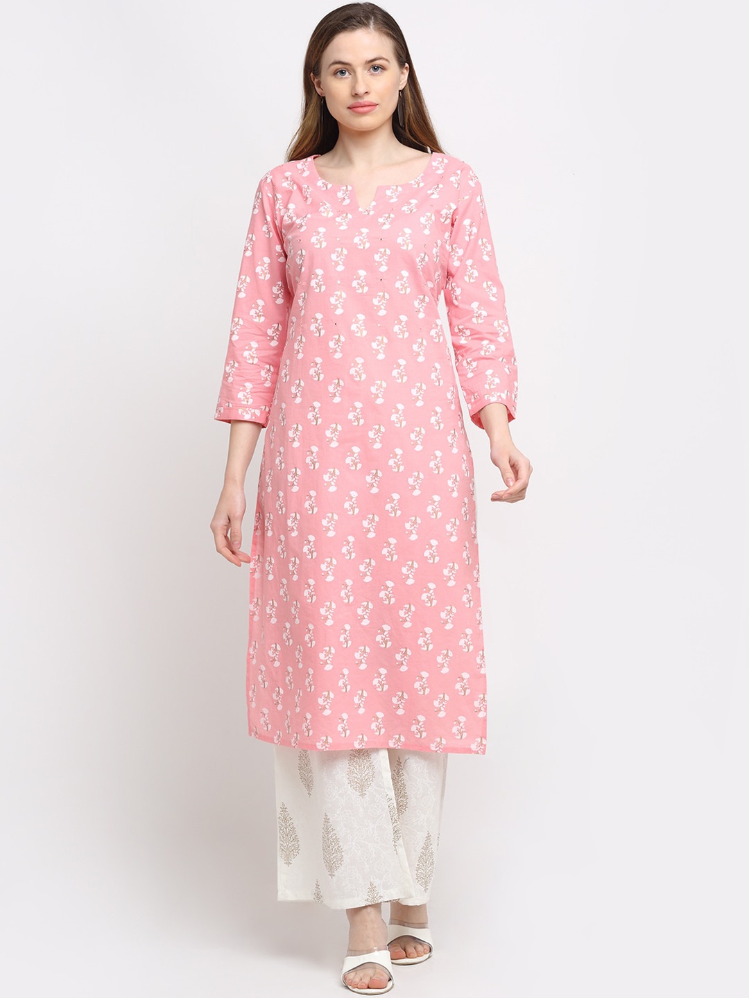 

KALINI Women Peach-Coloured Ethnic Motifs Printed Pure Cotton Kurti with Trousers