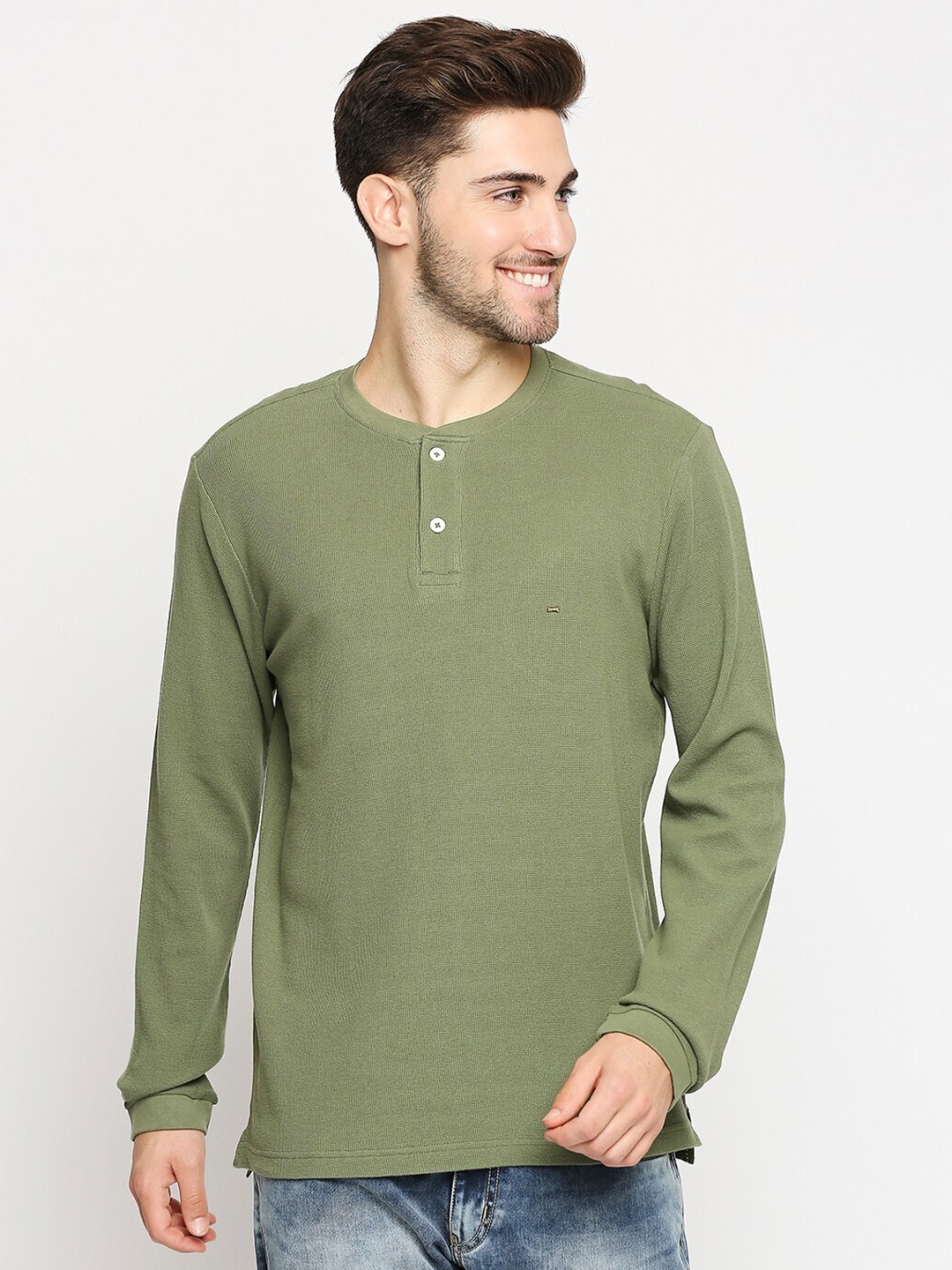 

Basics Men Green Cotton Henley Neck Slim Fit T-shirt
