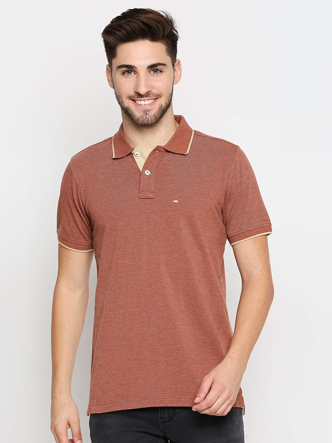 

Basics Men Brown & Cream-Coloured Solid Polo Collar T-shirt