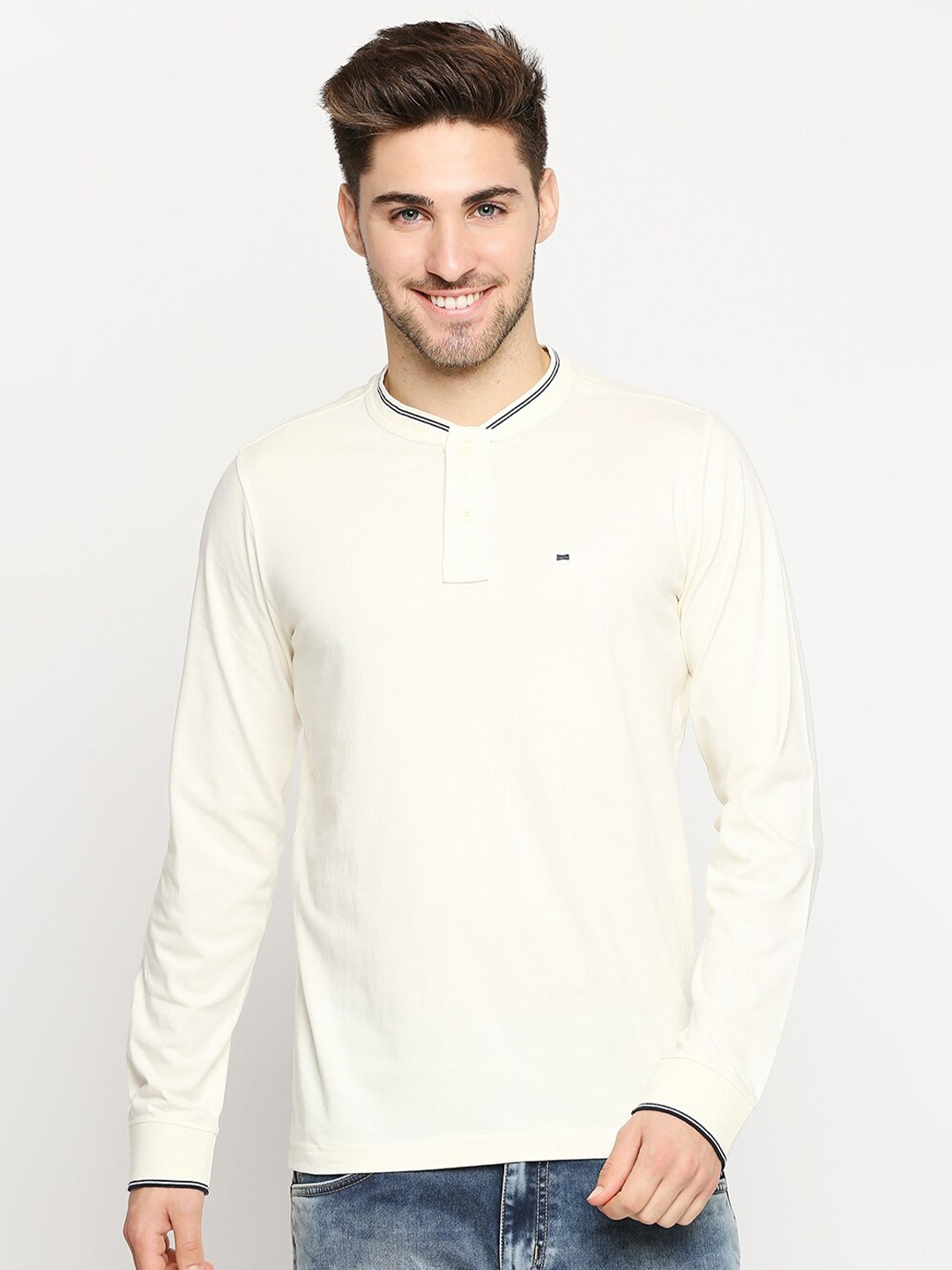 

Basics Men Off White Henley Neck Applique Slim Fit Pure Cotton T-shirt