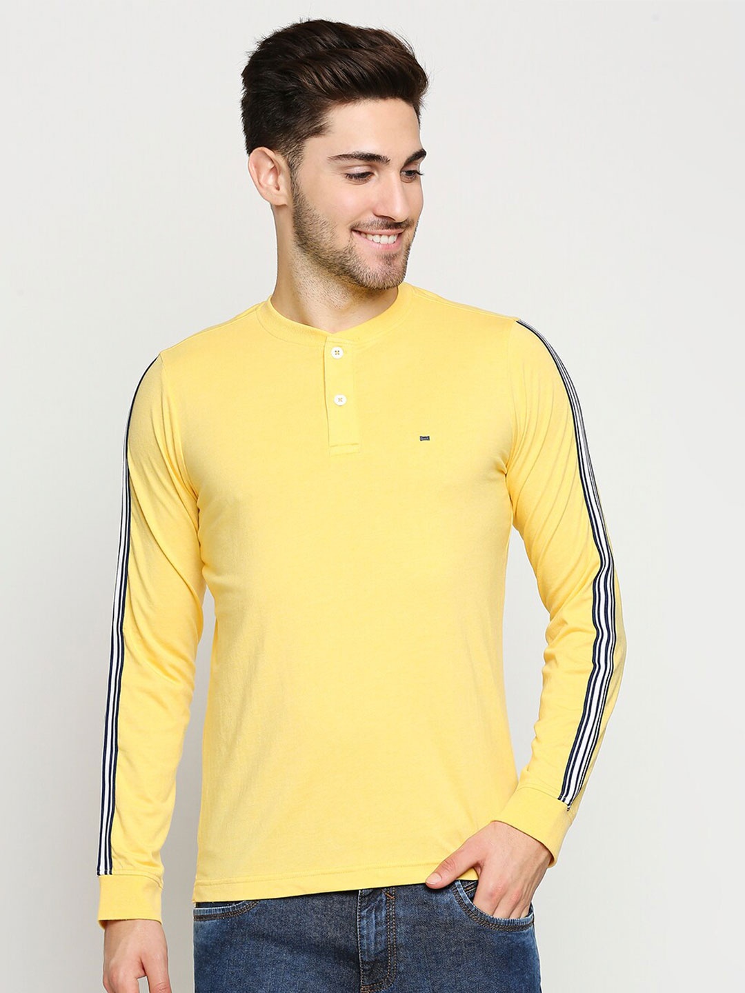 

Basics Men Yellow Henley Neck Slim Fit T-shirt