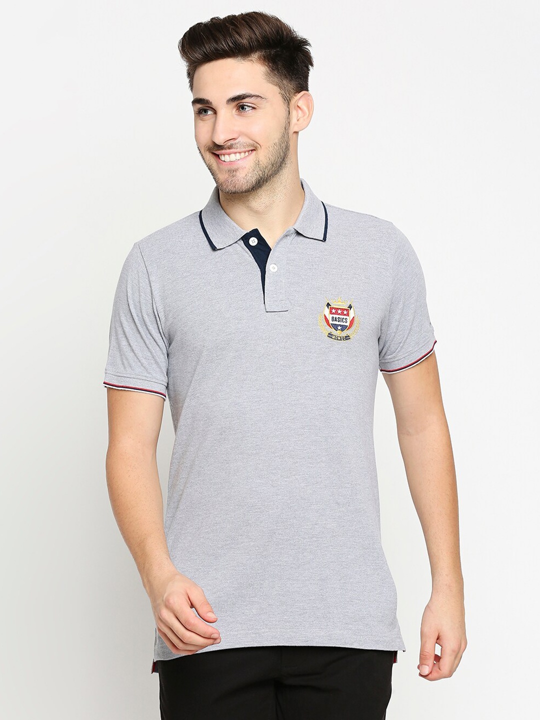 

Basics Men Grey Solid Polo Collar Slim Fit Cotton T-shirt