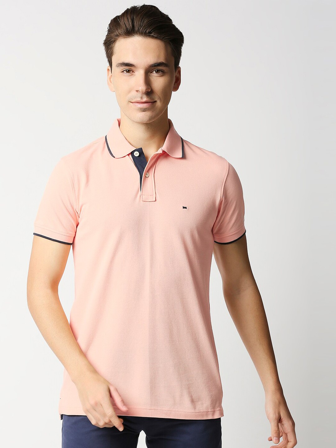 

Basics Men Peach-Coloured Slim Fit Polo Collar Cotton T-shirt