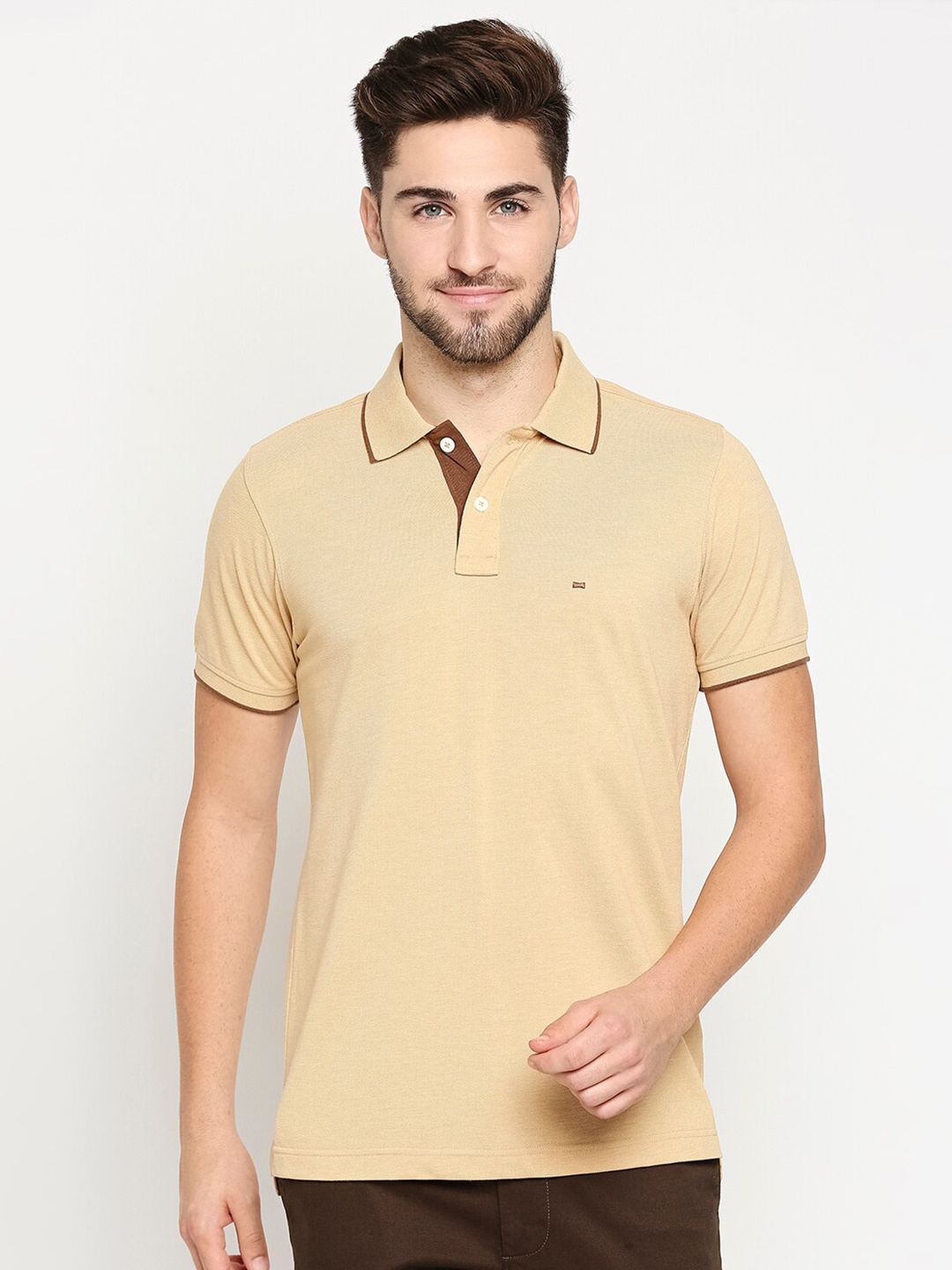 

Basics Men Beige & Brown Polo Collar Drop-Shoulder Sleeves Raw Edge Slim Fit T-shirt