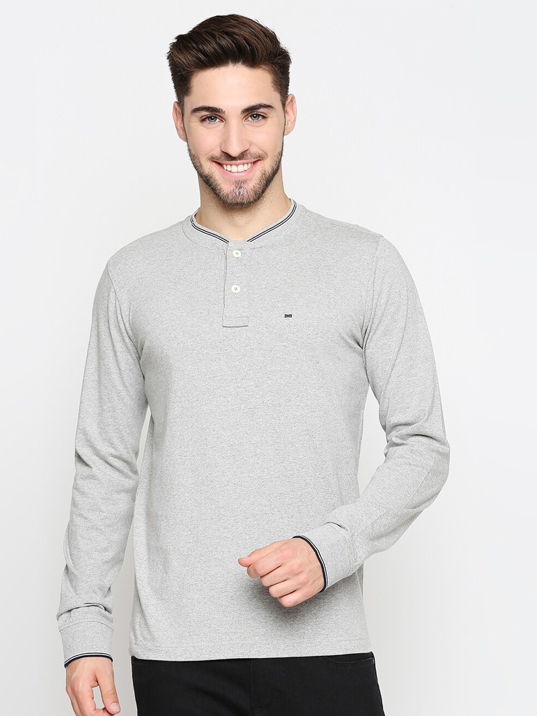 

Basics Men Grey & Black Solid Mandarin Collar T-shirt