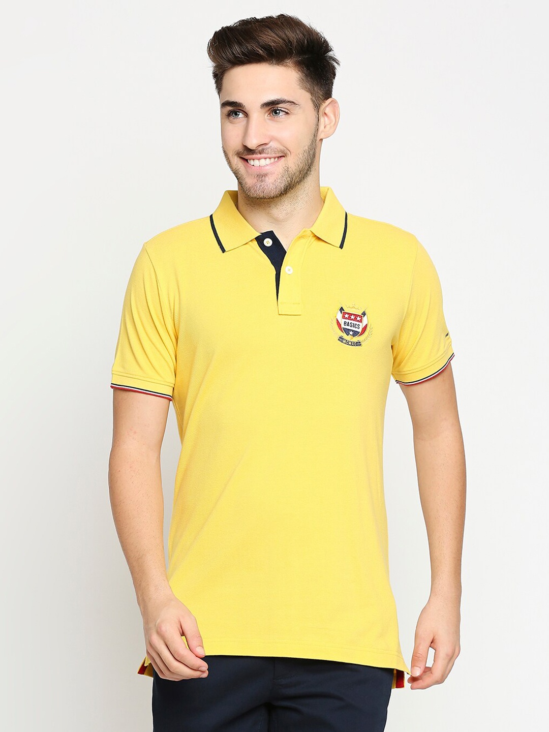 

Basics Men Yellow Polo Collar Slim Fit Cotton T-shirt