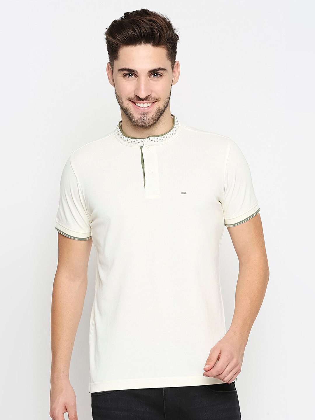 

Basics Men Beige Henley Neck Applique Slim Fit Pure Cotton T-shirt