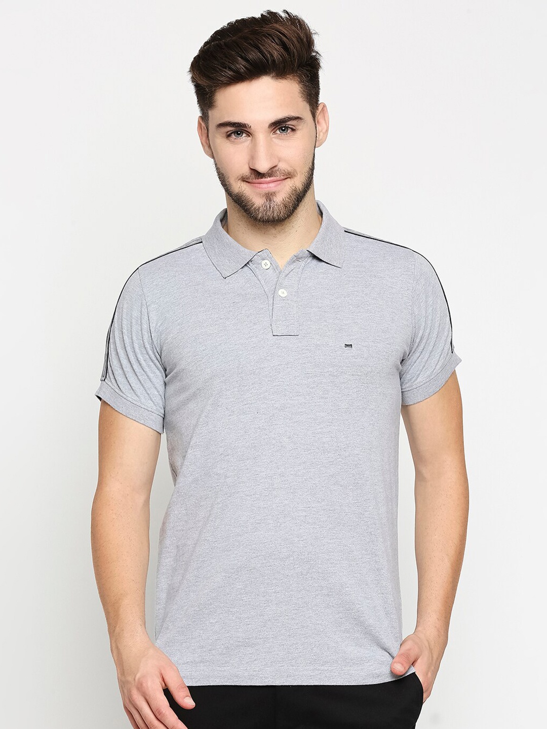 

Basics Men Grey V-Neck Cut Outs Slim Fit T-shirt