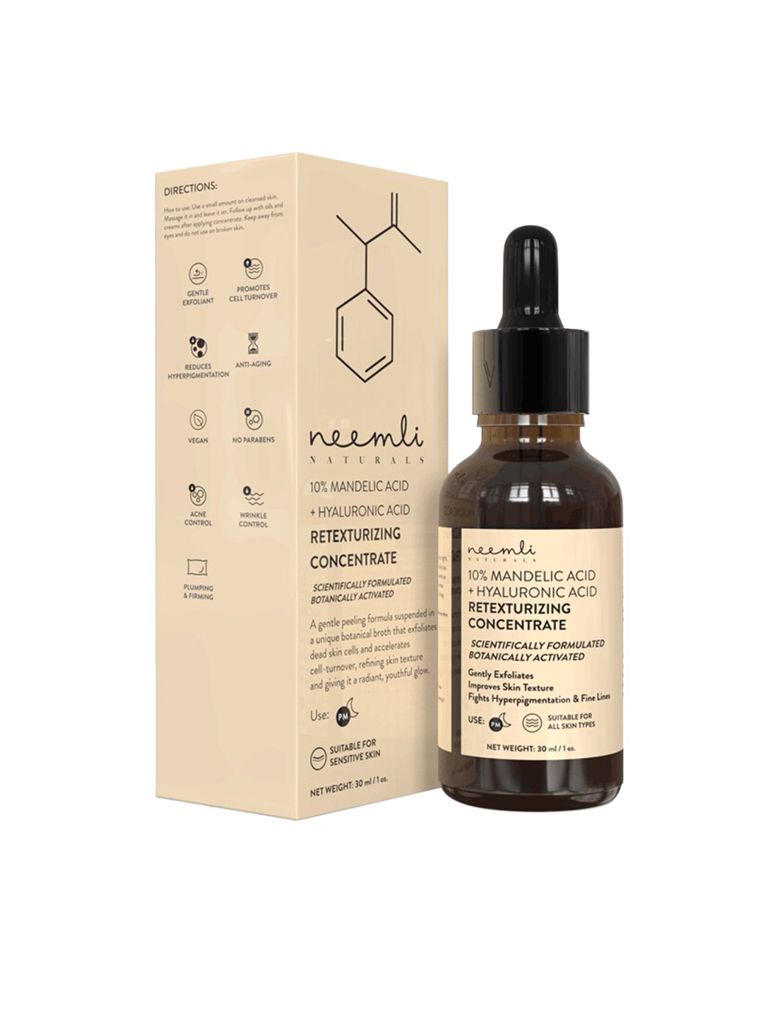 

Neemli Naturals Mandelic Acid + Hyaluronic Acid Retexturizing Concentrate Face Serum- 30ml, Beige