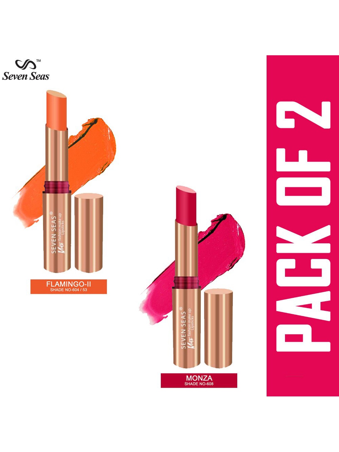 

Seven Seas Set of 2 Matte With You Lipstick - Flamingo-II 53 & Monza 608, Pink