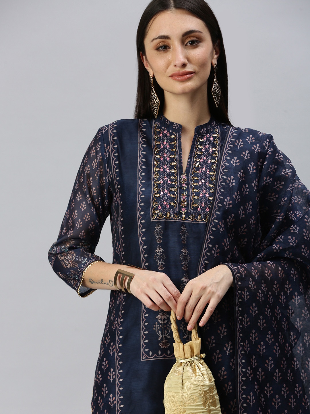 

SHOWOFF Women Navy Blue Ethnic Motifs Printed Kurta with Trousers & With Dupatta