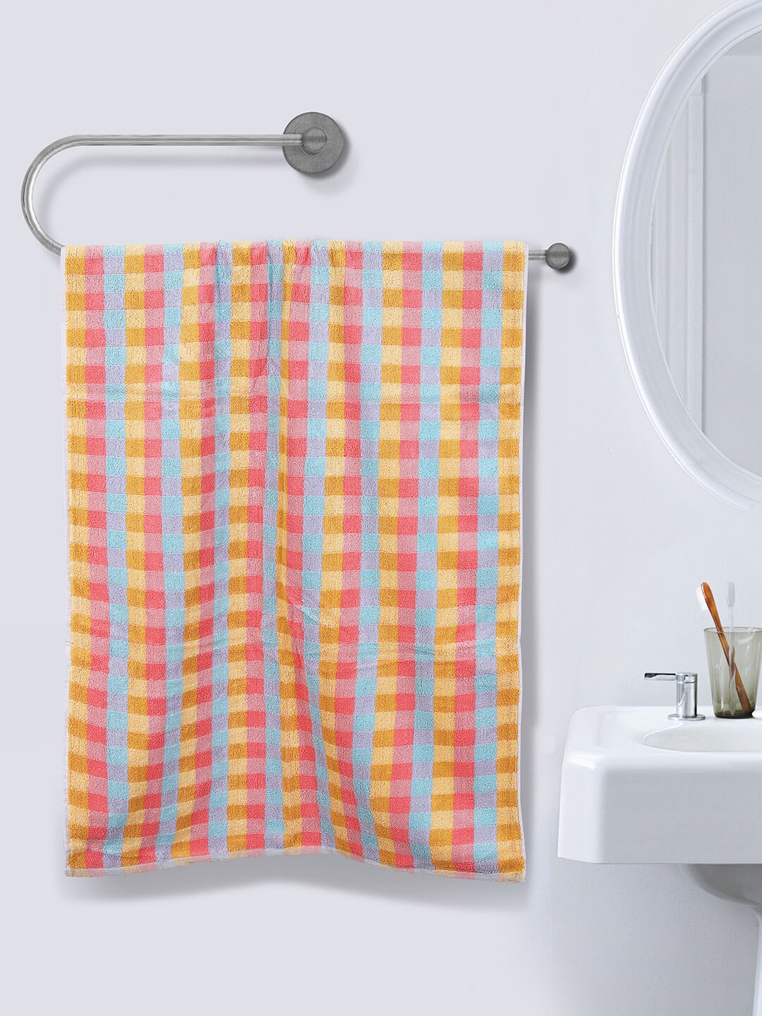 

ROMEE Beige & Blue Checked 500 GSM Pure Cotton Bath Towel