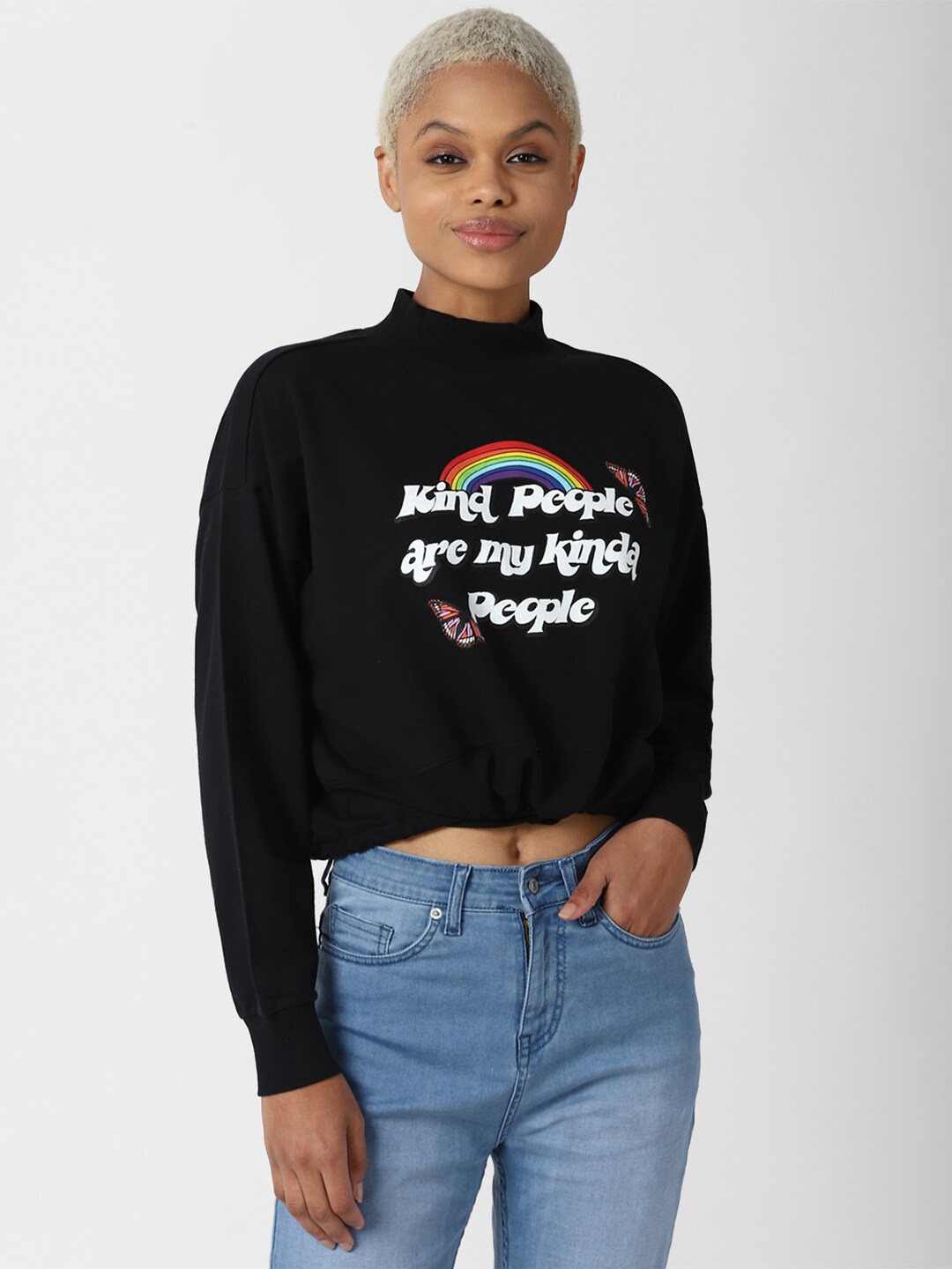 

FOREVER 21 Women Black Printed High Neck Cotton Crop Sweatshirt