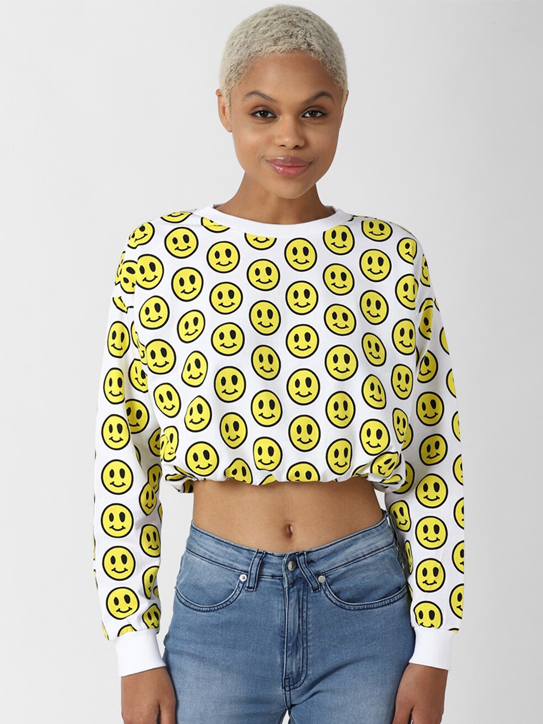 

FOREVER 21 Women White Smiley Printed Crop Cotton Sweatshirt