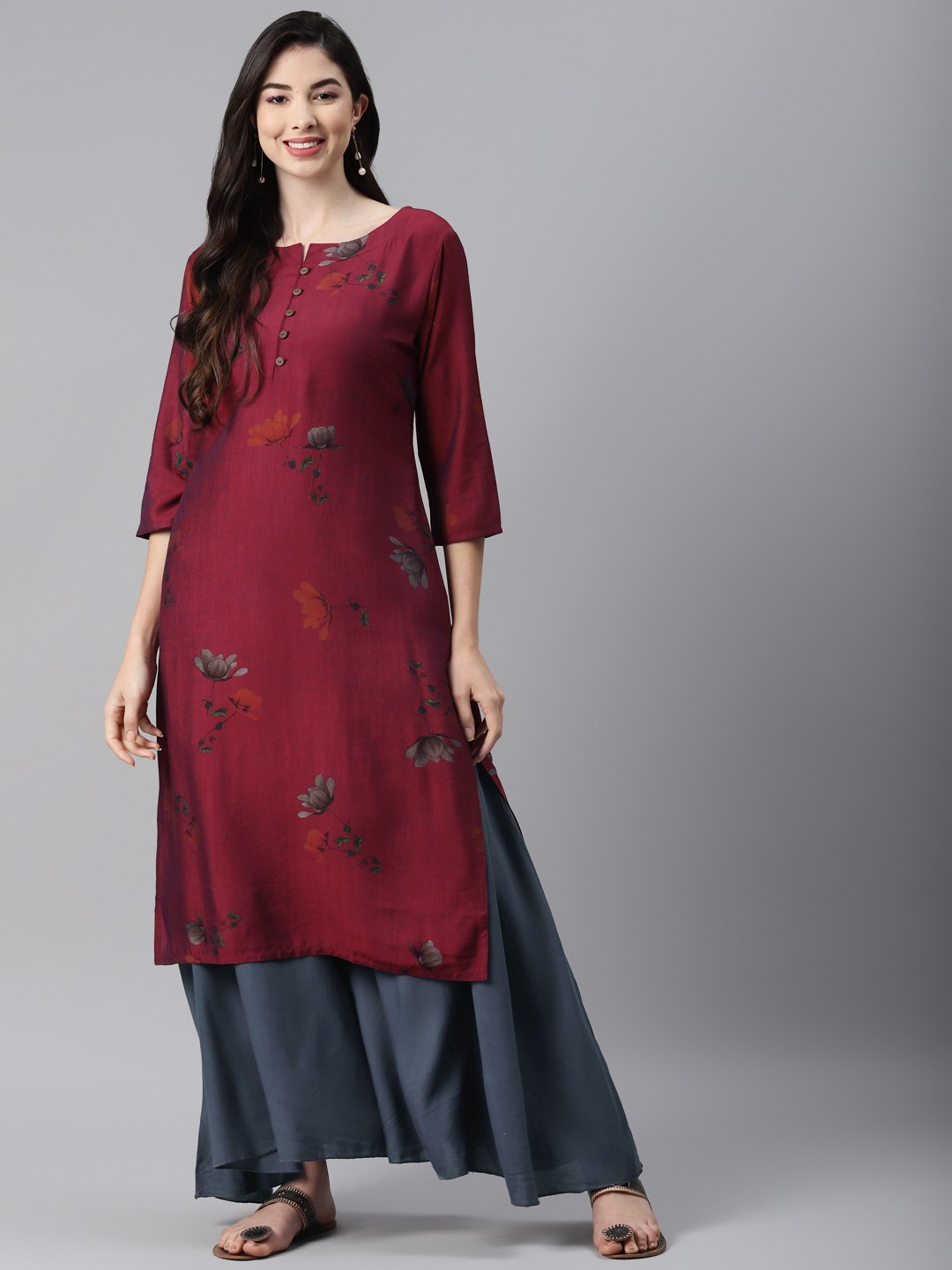 

Aarika Burgundy Floral Printed Pure Cotton Kurti