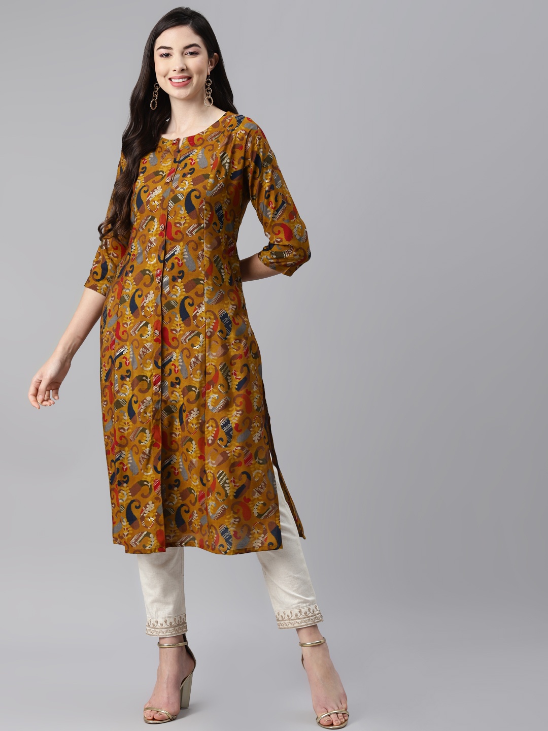 

Aarika Mustard Yellow Ethnic Motifs Printed Pure Cotton Kurti