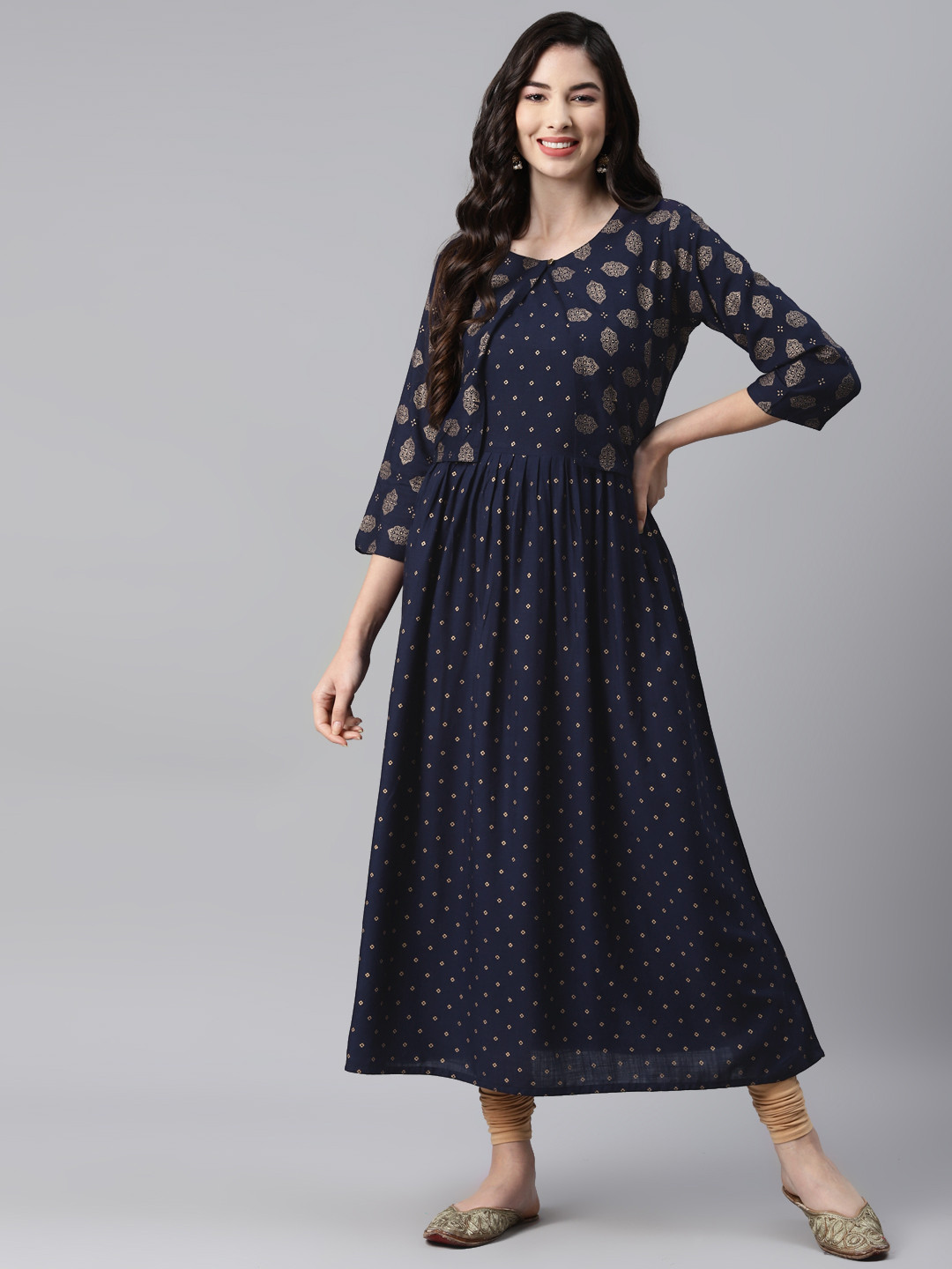 

Aarika Navy Blue Ethnic Motifs Printed Pure Cotton Anarkali Kurti