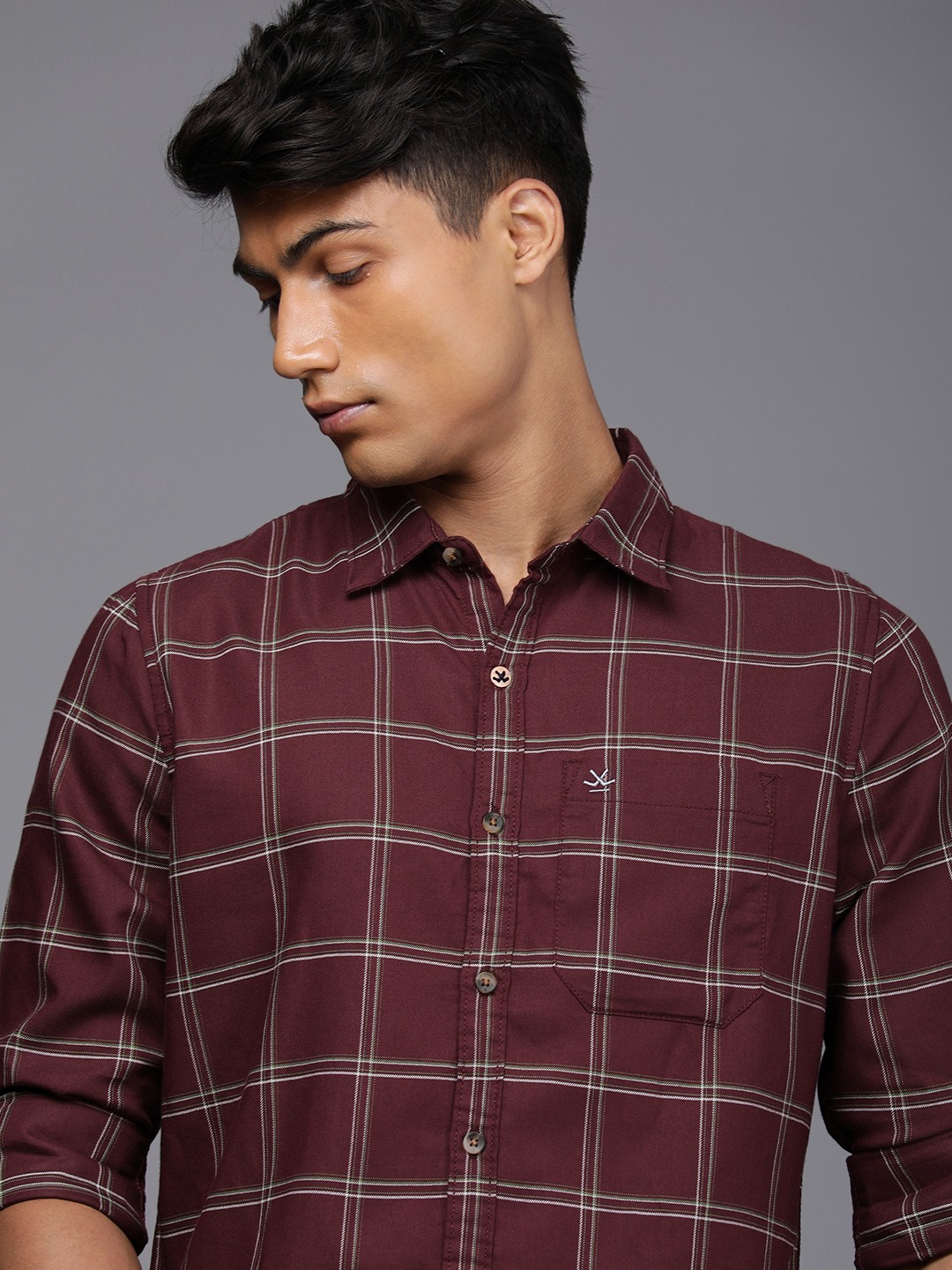 

WROGN Men Maroon Windowpane Checks Full Sleeves Casual Shirt