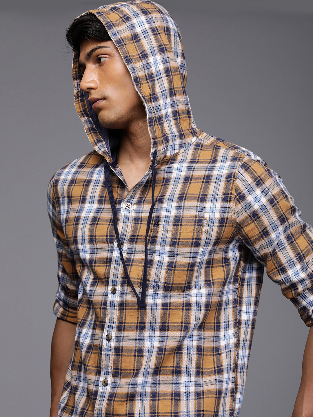 

WROGN Men Khaki & Multi Tartan Checks Full Sleeves Hood Casual Shirt