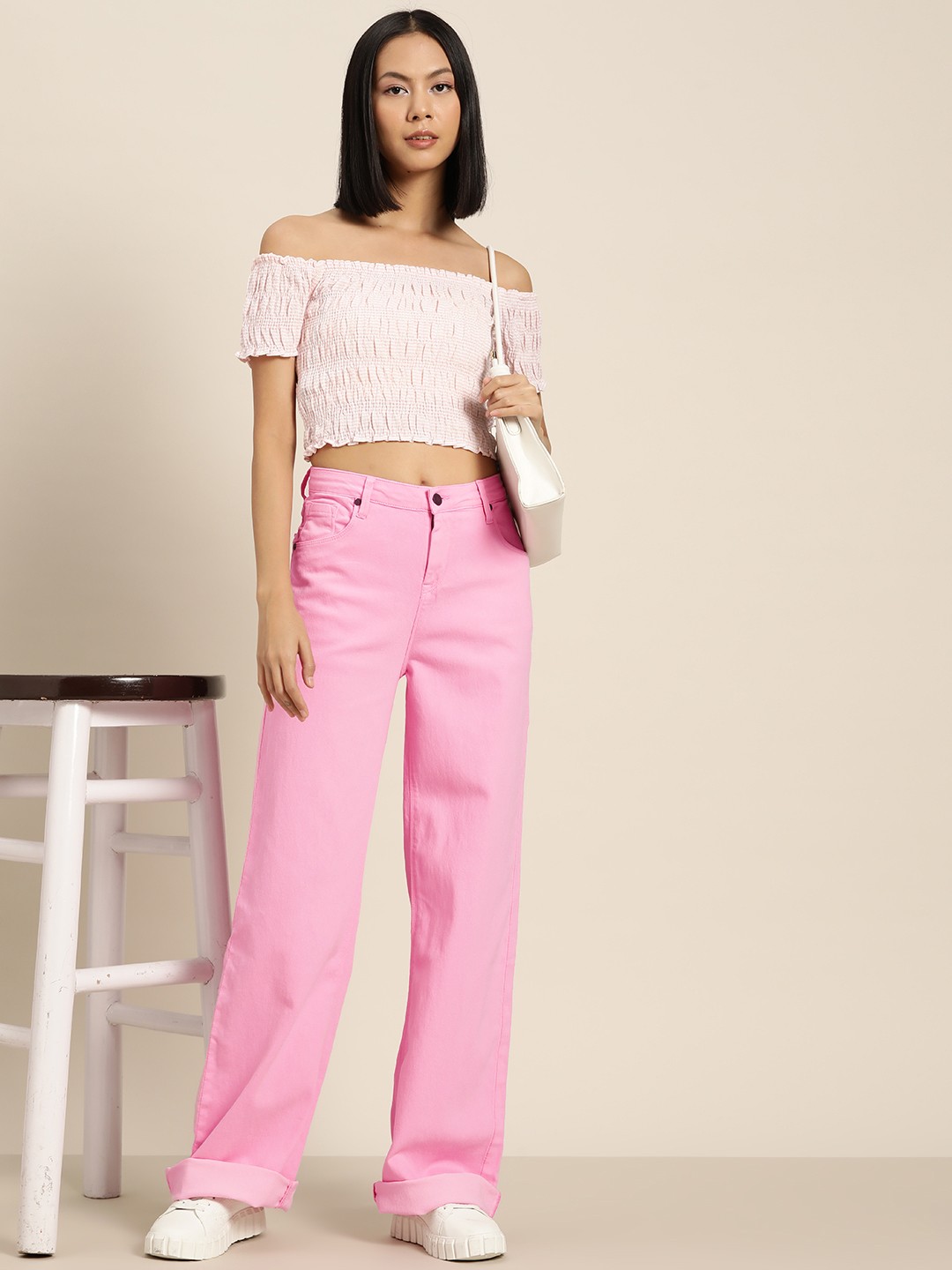

Moda Rapido Women Wide Leg Stretchable Jeans, Pink