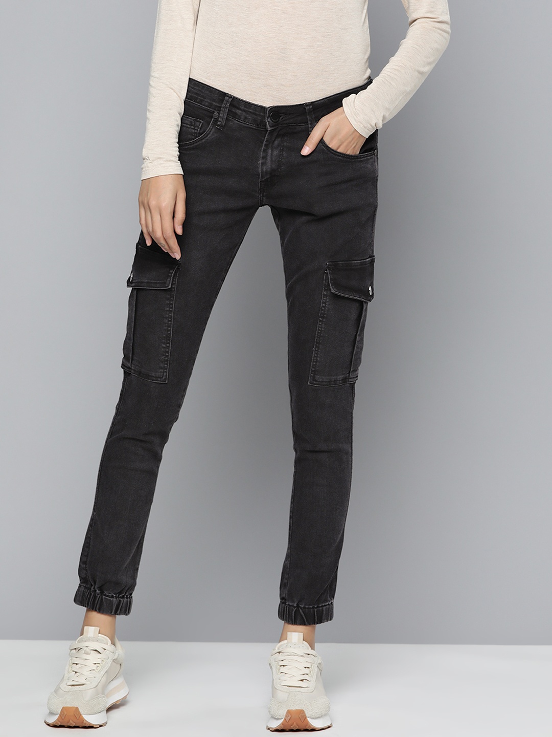 

HERE&NOW Women Slim Fit Stretchable Cargo Jeans with Cuffed Hems, Black