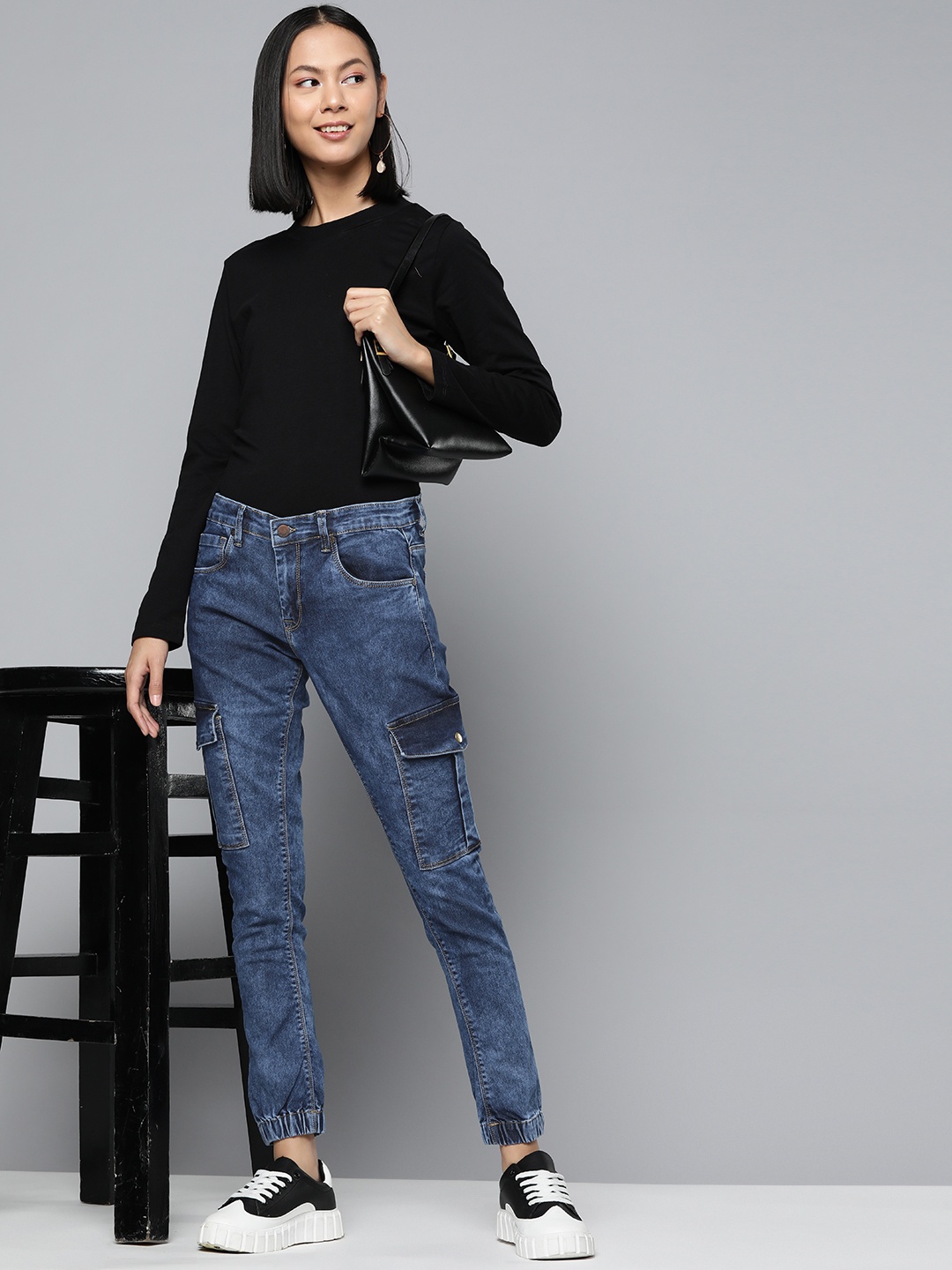 

HERE&NOW Women Slim Fit Stretchable Cargo Jeans with Cuffed Hems, Blue