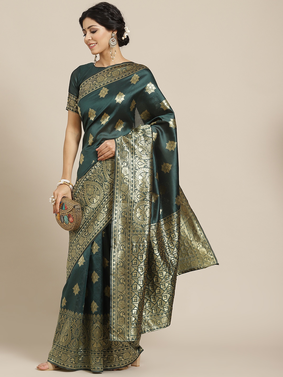 

SIRIL Green & Gold-Toned Ethnic Motifs Zari Kanjeevaram Saree