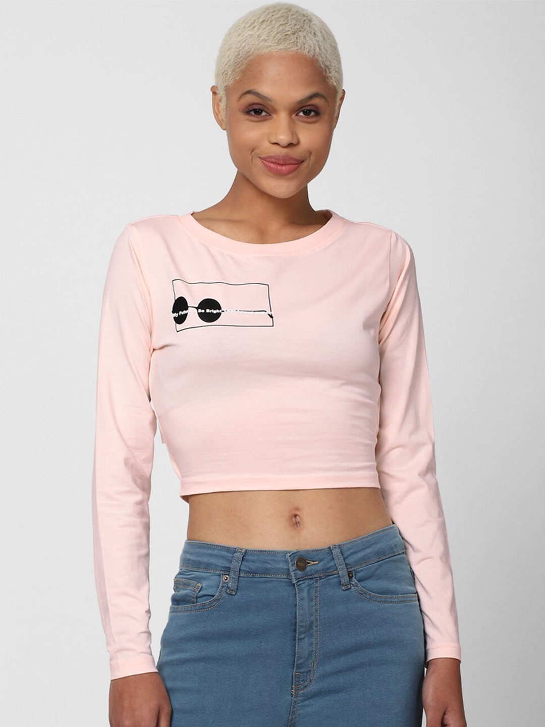 

FOREVER 21 Women Pink Typography Henley Neck Extended Sleeves Applique T-shirt