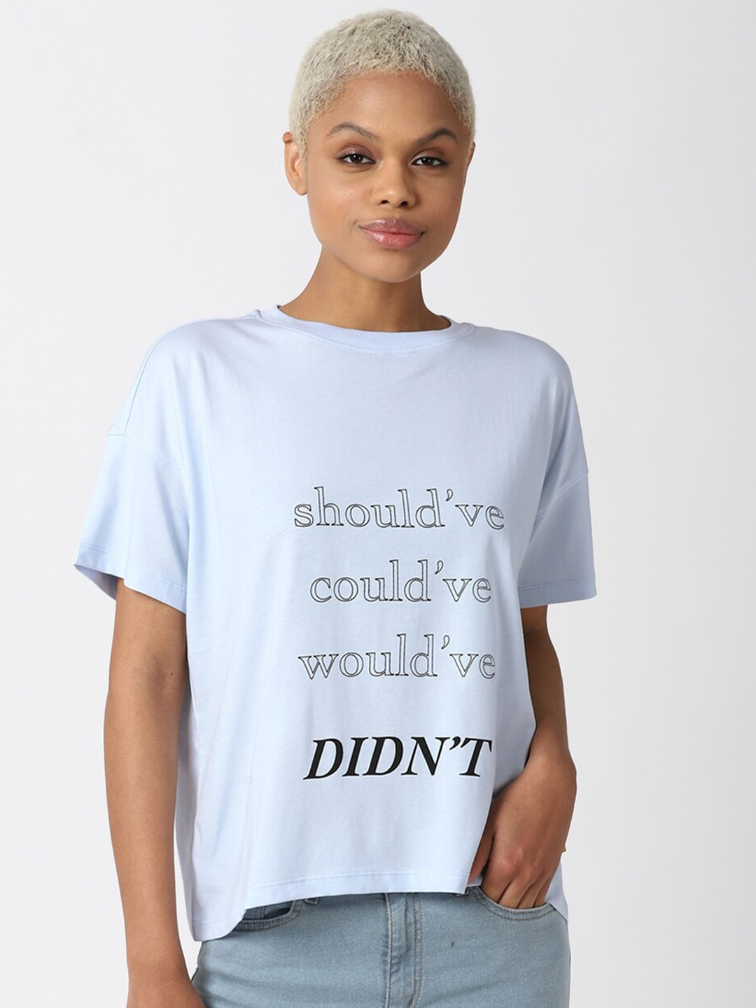 

FOREVER 21 Women Blue Typography Printed Drop-Shoulder Sleeves Pockets T-shirt