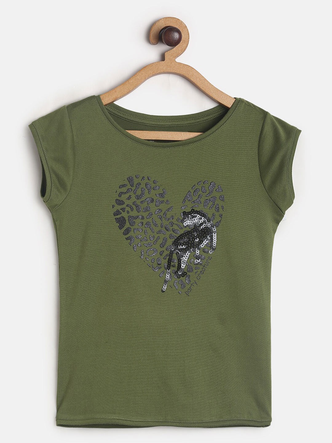 

TALES & STORIES Girls Olive Green Printed Slim Fit T-shirt