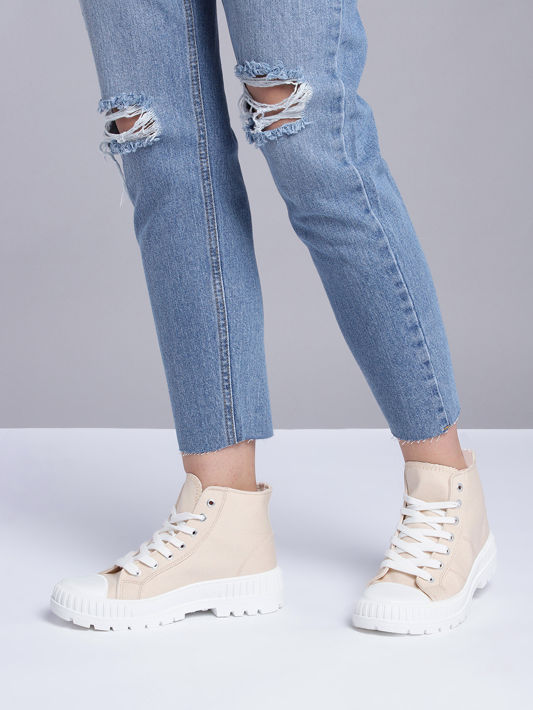 

Kook N Keech Women Beige Solid Mid-Top Canvas Sneakers