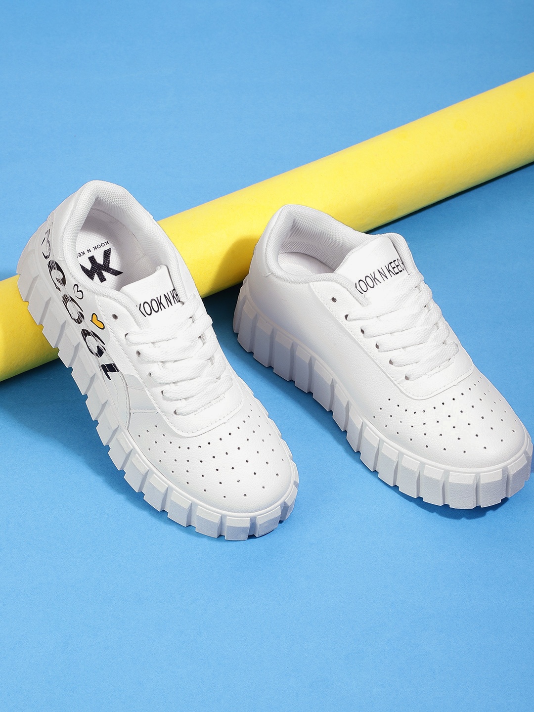 

Kook N Keech Women White Perforations Regular Sneakers with Typography Print Detail
