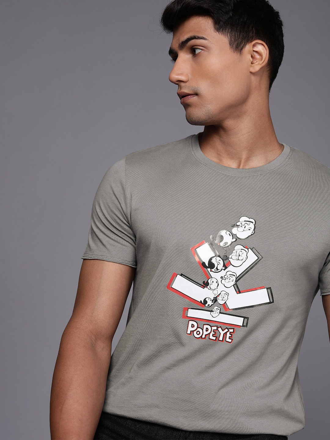 

WROGN Men Grey Popeye Printed Slim Fit Pure Cotton T-shirt