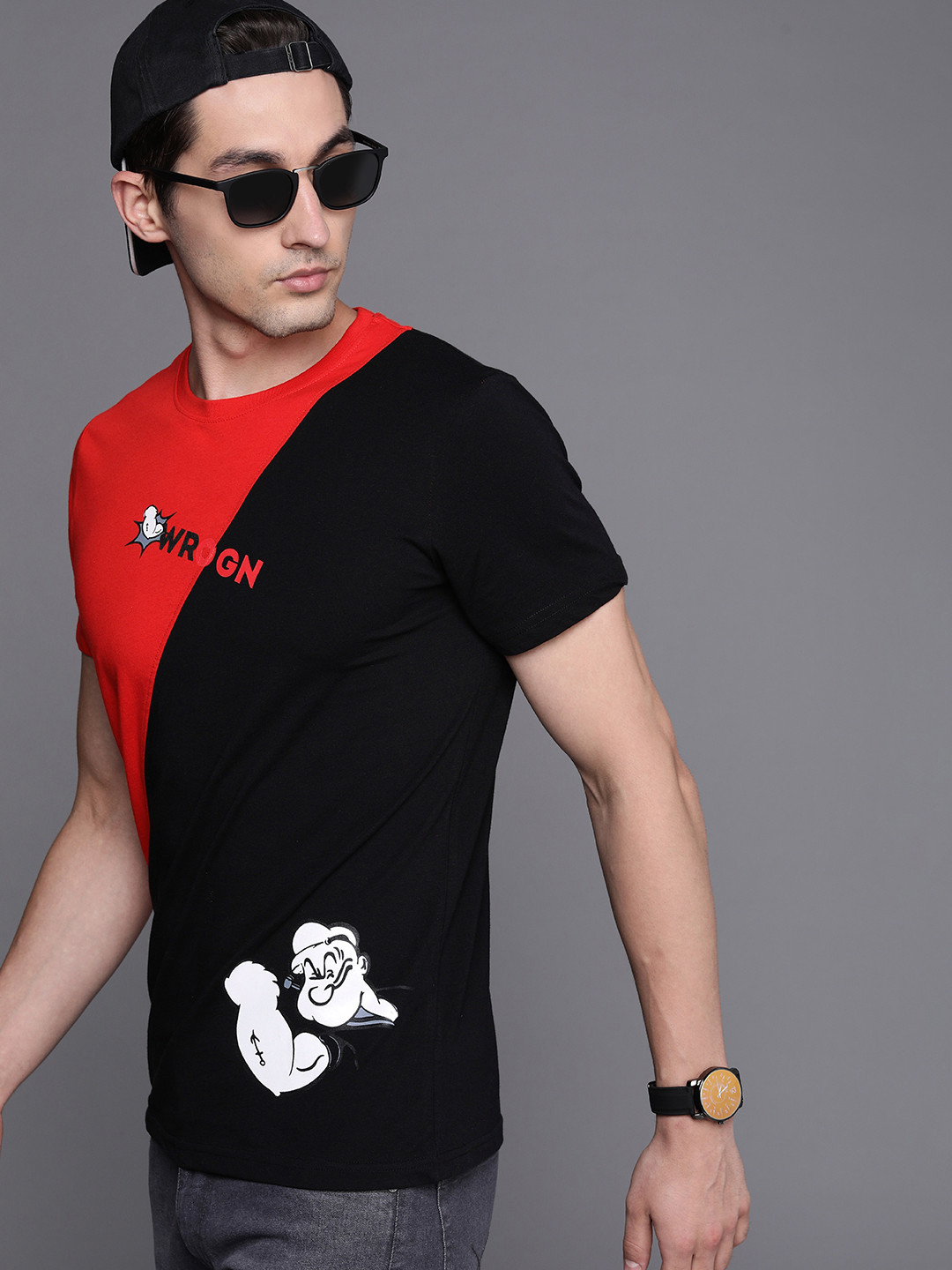 

WROGN Men Red & Black Colourblocked Pure Cotton Slim Fit T-shirt
