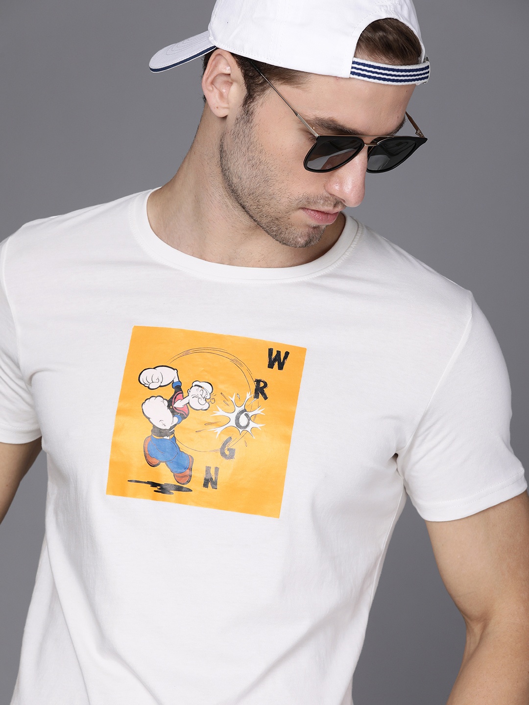 

WROGN Men White & Yellow Popeye Printed Pure Cotton Slim Fit T-shirt