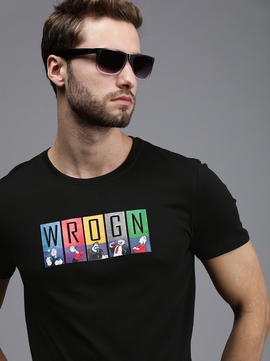 

WROGN Men Black & Yellow Brand Logo Printed Pure cotton T-shirt