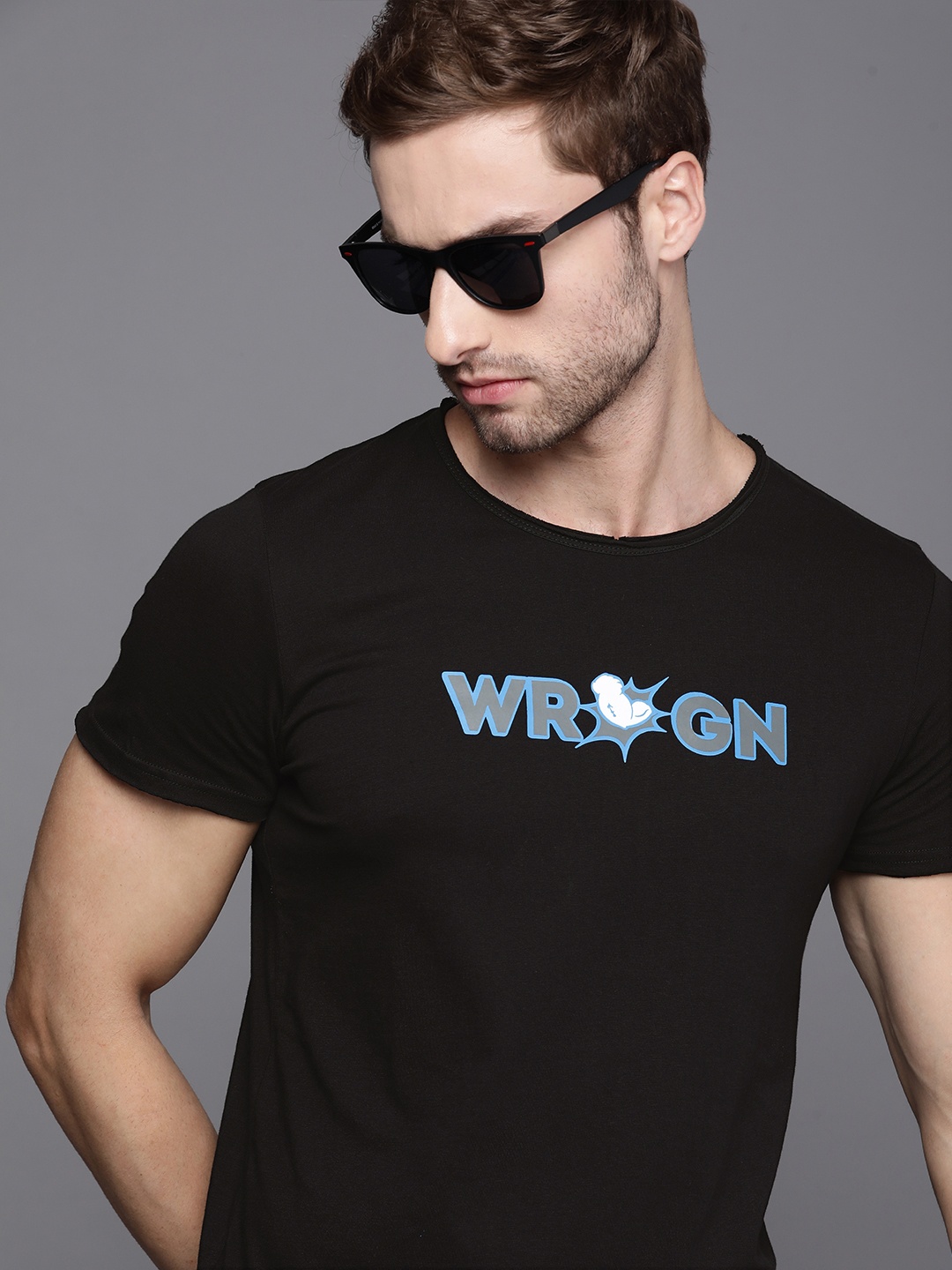 

WROGN Men Black Typography Printed Slim Fit Pure Cotton T-shirt